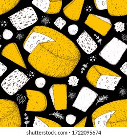 Cheese seamless pattern. Hand drawn vector illustration. Vintage food background. Engraved style. Different cheese kinds background.