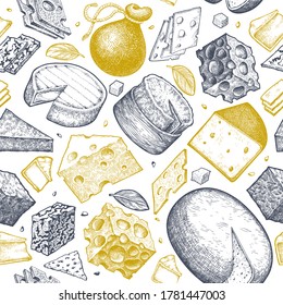 Patrón transparente de queso. Ilustración de leche vectorial dibujada a mano. Estilo grabado de diferentes tipos de queso. Fondo de comida de época.