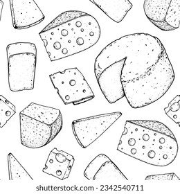 Cheese seamless pattern. Hand drawn vector illustration. Vintage food background. Engraved style. Different cheese kinds background