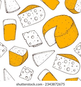 Cheese seamless pattern. Hand drawn vector illustration. Vintage food background. Engraved style. Different cheese kinds background