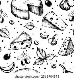 Cheese seamless pattern. Hand drawn vector dairy illustration on chalk board. Engraved style different cheese kinds. Vintage food background.