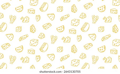 Cheese seamless pattern. Hand-drawn background with different cheese types: slices, wedges, blocks. Ideal for food design, packaging, fabric, wrapping. EPS