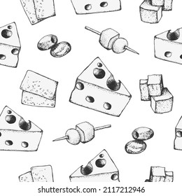 Cheese seamless pattern. Hand-drawn ink drawing, cheese slices. Restaurant menu design