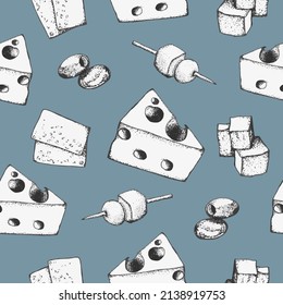 Käse nahtloses Muster. Handgezeichnete Tintenzeichnung, Käsescheiben. Restaurant-Menü-Design
