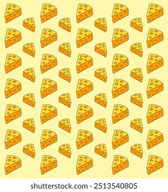Cheese seamless pattern, maasdam, flat design, cartoon style, yellow cheese icons, gourmet. 2D vector illustration.