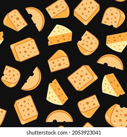Cheese Seamless Pattern on Black Background. Vector