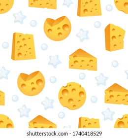 Cheese seamless pattern with piece of dairy farm products. Vector background illustration.