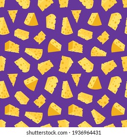 Cheese seamless pattern. Pieces of yellow cheese, isolated on a purple background. Pieces of cheese of various shapes. Vector flat illustration