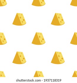Cheese seamless pattern. Pieces of yellow cheese, isolated on a white background. Pieces of cheese of various shapes. Vector flat illustration