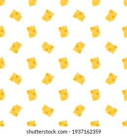 Cheese seamless pattern. Pieces of yellow cheese, isolated on a white background. Pieces of cheese of various shapes. Vector flat illustration