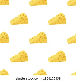 Cheese seamless pattern. Pieces of yellow cheese, isolated on a white background. Pieces of cheese of various shapes. Vector flat illustration