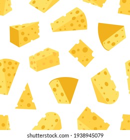 Cheese seamless pattern. Pieces of yellow cheese, isolated on a white background. Pieces of cheese of various shapes. Vector flat illustration