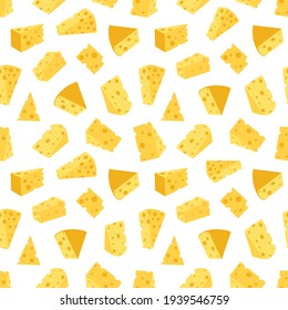 Cheese seamless pattern. Pieces of yellow cheese, isolated on a white background. Pieces of cheese of various shapes. Vector flat illustration