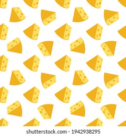 Käse nahtloses Muster. Stücke von gelbem Käse einzeln auf weißem Hintergrund. Stücke Käse verschiedener Formen. Vektorgrafik