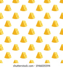 Patrón transparente de queso. Trozos de queso amarillo, aislados en un fondo blanco. Trozos de queso de varias formas. Ilustración plana del vector