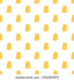 Cheese seamless pattern. Pieces of yellow cheese, isolated on a white background. Pieces of cheese of various shapes. Vector flat illustration