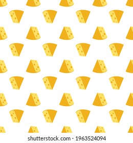 Cheese seamless pattern. Pieces of yellow cheese, isolated on a white background. Pieces of cheese of various shapes. Vector flat illustration