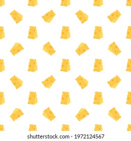 Cheese seamless pattern. Pieces of yellow cheese, isolated on a white background. Pieces of cheese of various shapes. Vector flat illustration