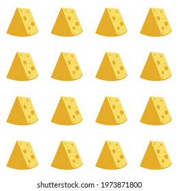 Cheese seamless pattern. Pieces of yellow cheese, isolated on a white background. Pieces of cheese of various shapes. Vector flat illustration