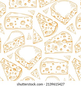Cheese seamless pattern. Pieces of yellow cheese, isolated on a white background. Pieces of cheese of various shapes. Vector flat illustration