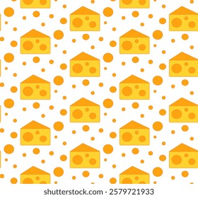 Padrão sem emenda do queijo. Pedaços de queijo amarelo, isolados sobre um fundo branco. Pedaços de queijo de várias formas. Ilustração em plano vetorial
