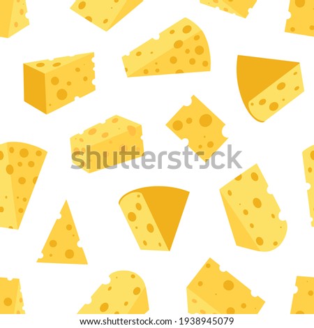 Cheese seamless pattern. Pieces of yellow cheese, isolated on a white background. Pieces of cheese of various shapes. Vector flat illustration