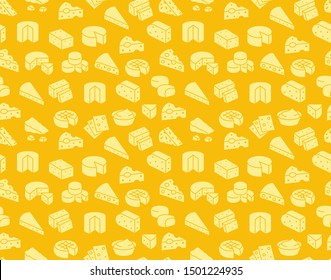 Cheese seamless pattern with silhouette icons. Vector background, illustrations of parmesan, mozzarella, yogurt, dutch, ricotta, butter, blue cheese piece for dairy product store. Orange, yellow color.