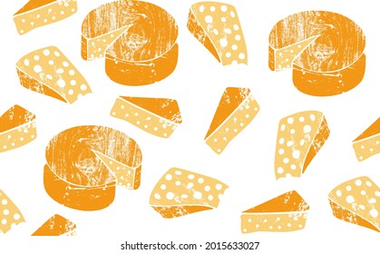 Cheese Seamless Pattern. Vector background with dairy products. Grunge style.