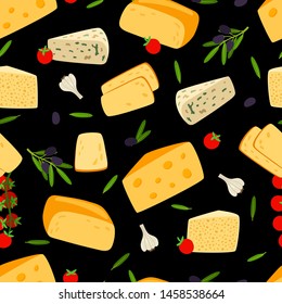 Cheese seamless pattern. Vector farm cheese, olives, tomatoes. Mediterranean cuisine texture