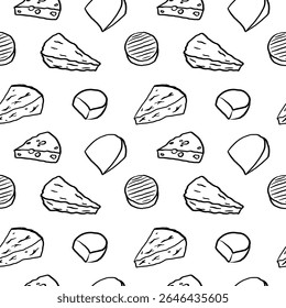 Cheese seamless pattern vector illustration. Cheesy repeating background. Milky Cheeses food rapport, dairy products, pressed curds. Design for wrapping, paper, label, packing