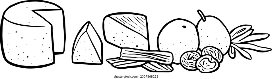 Cheese Selection Fruit Drawing Sketch Illustration Line Art Vector Tasting Board Cheese Slices