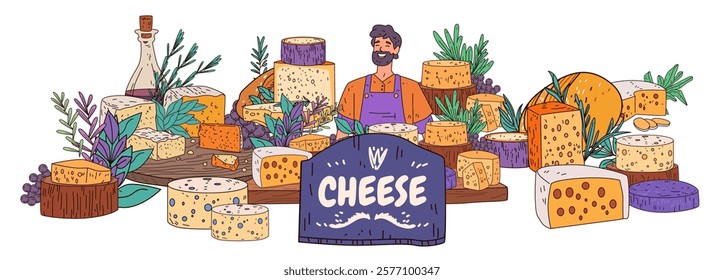 Cheese selection with smiling man showcasing various cheeses herbs and grapes in vibrant colors. Perfect for food-related designs