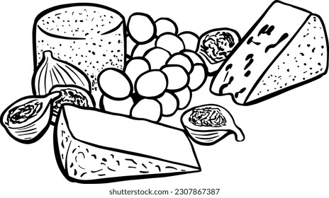 Cheese Selection Spread Platter Sketch Illustration Drawing Black and White Line Drawing