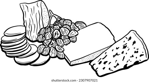 Cheese Selection Tasting Platter Dried Fruit Sketch Illustration Platter Charcuterie Serving Food Black and White Line Art