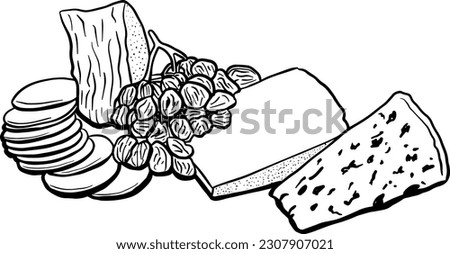 Cheese Selection Tasting Platter Dried Fruit Sketch Illustration Platter Charcuterie Serving Food Black and White Line Art
