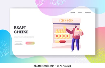 Cheese Selling Website Landing Page. Man Customer Choose and Take Dairy Production on Supermarket Shelf. Shopping in Grocery, Healthy Nutrition Web Page Banner. Cartoon Flat Vector Illustration