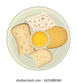Cheese Served on Plate with Sauce Top View Vector Illustration