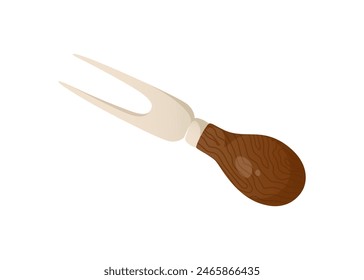Cheese serving fork with wooden handle. Kitchen utensil for serving dishes. Modern vector illustration in a realistic style isolated on white background. Plate for cheese, appetizers for wine.