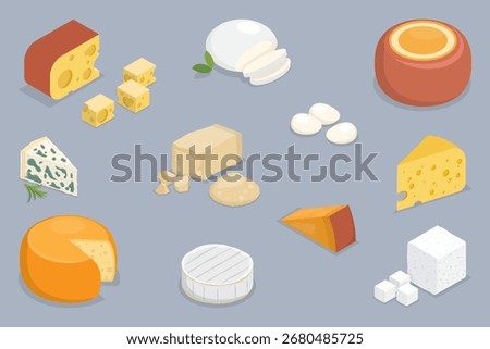 Cheese set. Cheeses kinds, slice piece and whole parmesan, cheddar, hard edam, gouda, mozzarella, blue cheese, swiss. tasty appetizer dairy product. 3d flat isometric vector illustration.
