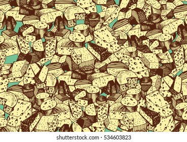 Cheese Set Collage. Vector illustration of Cheese types in Hand Drawn Style. Organic Food Theme.