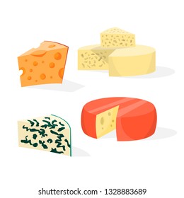 Cheese set. Collection of different types of cheese. Cheddar, gouda, blue cheese and parmesan. Tasty yellow meal. Vector illustration in cartoon style