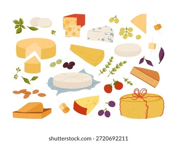 Queijo pronto. Produto láteo, variedade de queijos diferentes e lanches. Ilustração de vetor plano isolada em fundo branco.