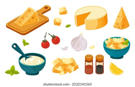 Set de quesos. Producto lácteo y diversos aditivos Crema agria, cubos de queso, pedazo de queso en la tabla de cortar, condimento de pimienta, rodaja de limón, cereza Ilustración vectorial plana aislada sobre fondo blanco
