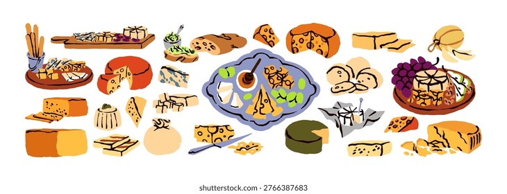 Cheese set. Different types of dairy products- parmesan, gouda, brie, mozzarella. Plates of milk snacks, gourmet food- ricotta, camembert, cheddar. Flat isolated vector illustrations on white