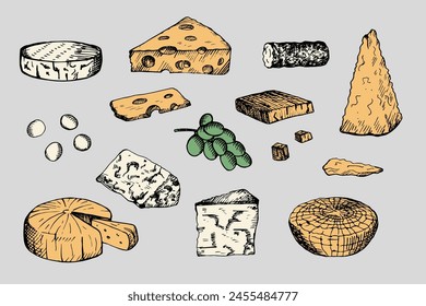 Cheese set engraved vector illustration. Hand drawn Cheddar ,mozzarella, maasdam, brie, roquefort, gouda, feta, Parmesan, curd milk products. Design graphic elements for menu, card, print, logo, paper