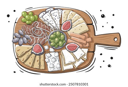 Cheese set with grapes, olives, figs and prosciutto on a wooden cutting board and spices. Cheese plate in cartoon style isolated on white background. Vector illustration