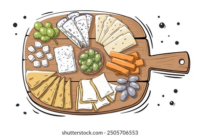 Cheese set with grapes and olives on a wooden cutting board and spices. Dish cheese plate in cartoon style isolated on white background. Vector illustration