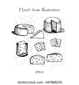 Cheese set hand drawing monochrome isolated, vector illustration