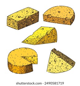 cheese set hand drawn. dairy italian, piece healthy, black cheddar cheese vector sketch. isolated color illustration