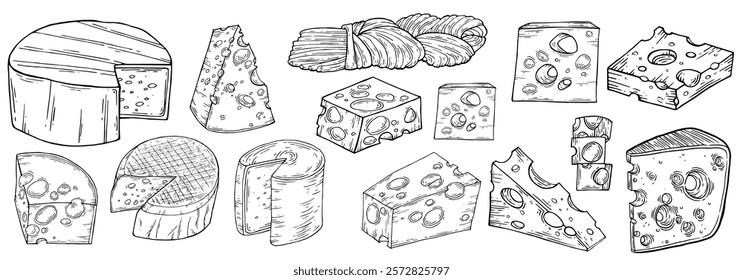 Cheese set. Ink doodle sketch isolated on white background. Hand drawn vector illustration. Vintage style stroke drawing. Vector illustration